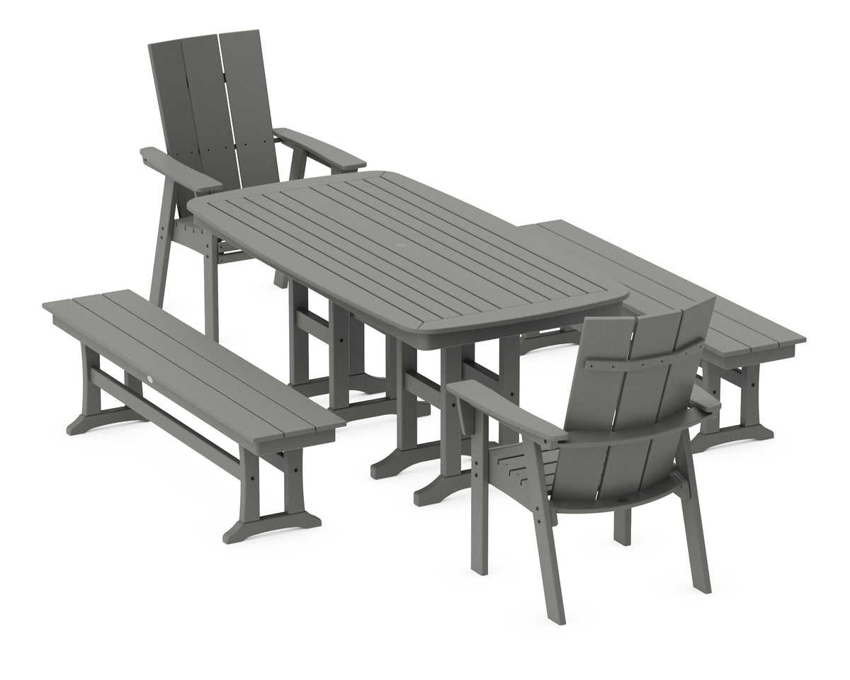 POLYWOOD Modern Curveback Adirondack 5-Piece Dining Set with Benches - 37" x 72" Table in Slate Grey