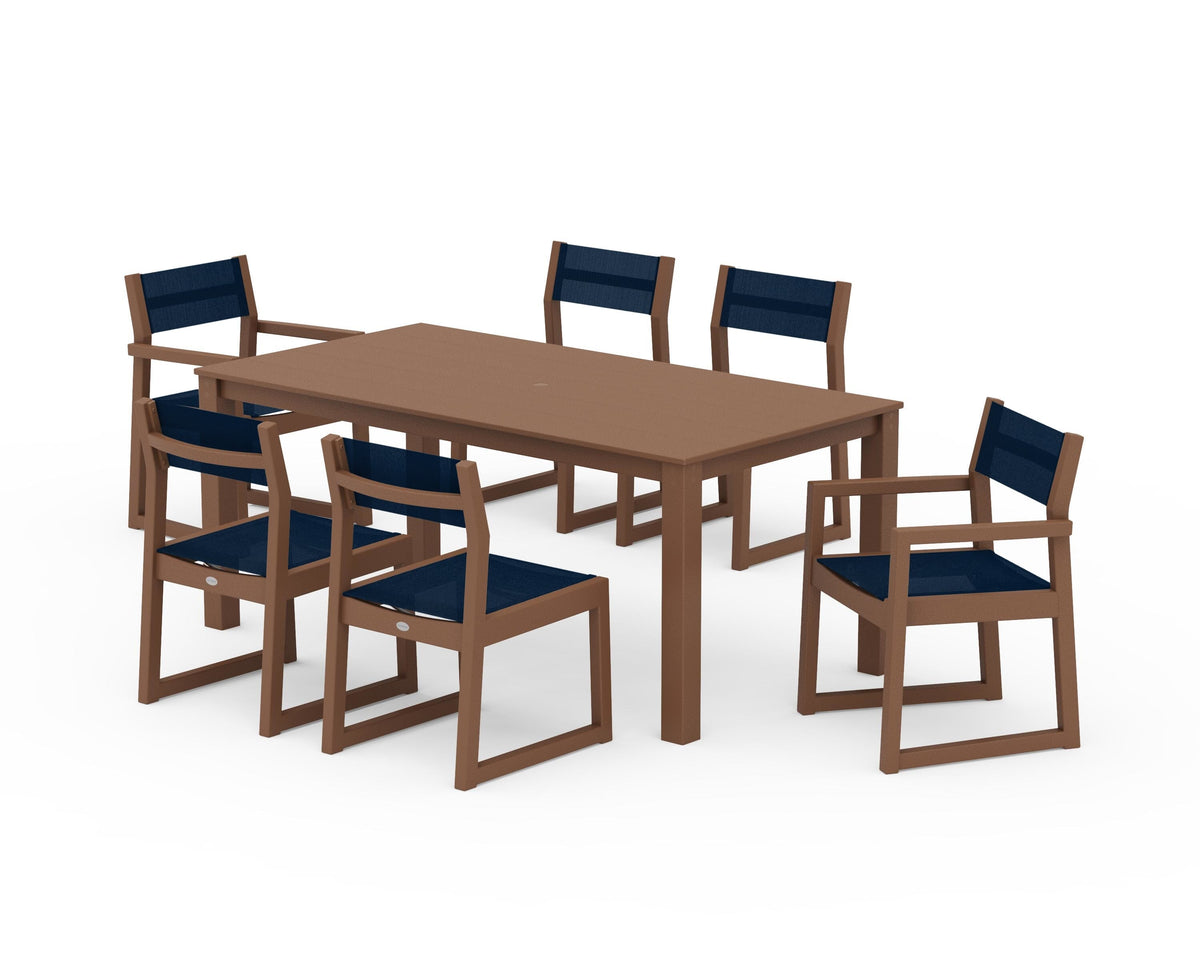 POLYWOOD EDGE Sling 7-Piece Parsons Dining Set in Teak / Navy Blue