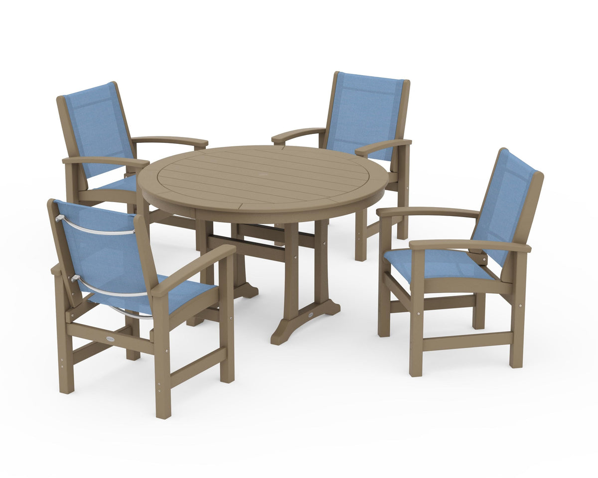 POLYWOOD Coastal 5-Piece Round Dining Set with Trestle Legs in Vintage Sahara / Poolside