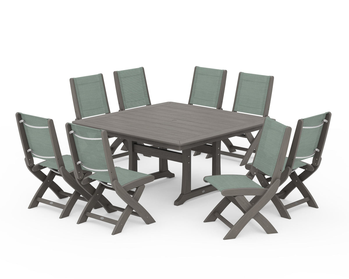 POLYWOOD Coastal Folding Side Chair 9-Piece Dining Set with Trestle Legs in Driftwood / Dupioni Sea Mist