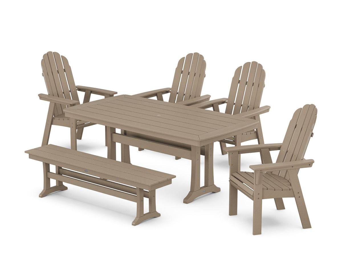 POLYWOOD Vineyard Curveback Adirondack Chair 6-Piece Dining Set with Trestle Legs and Bench in Vintage Sahara