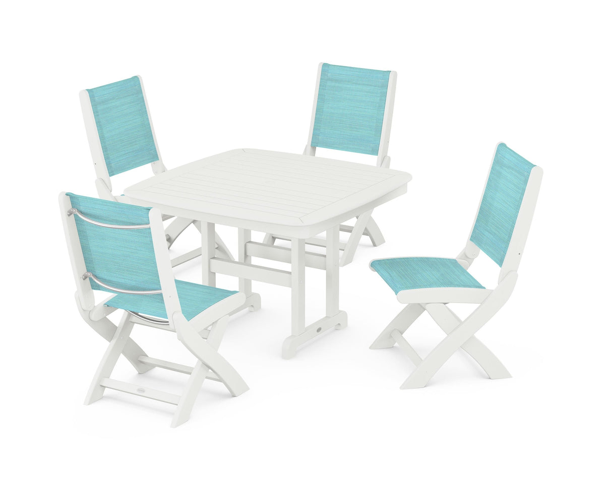 POLYWOOD Coastal Folding Side Chair 5-Piece Dining Set with Nautical 44" Dining Table in Vintage White / Dupioni Aquamarine