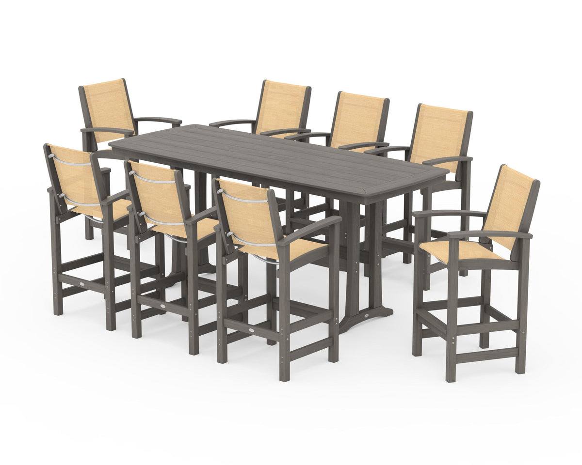 POLYWOOD Coastal 9-Piece Bar Set with Trestle Legs in Driftwood / Dupioni Apricot