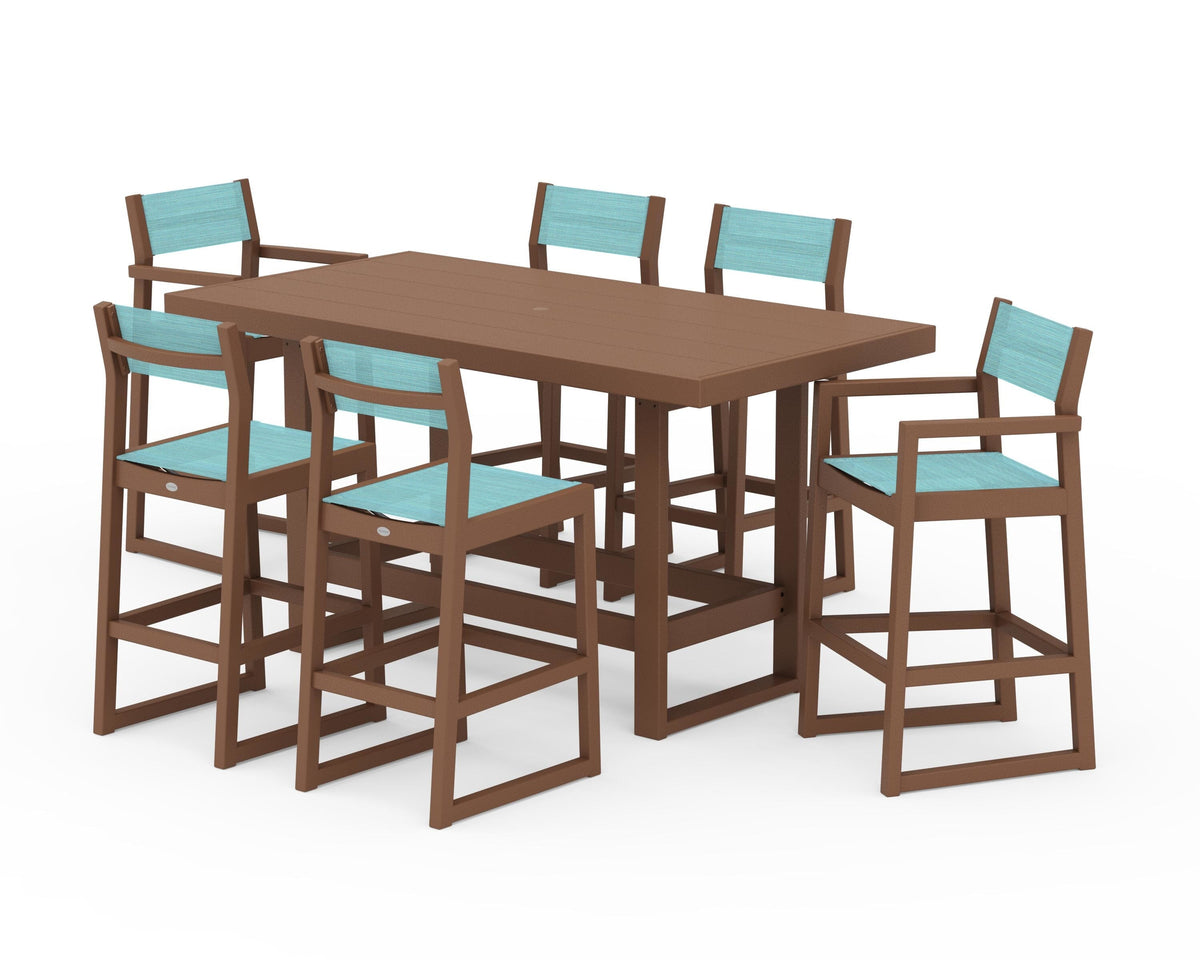 POLYWOOD EDGE Sling 7-Piece Bar Table Set in Teak / Dupioni Aquamarine