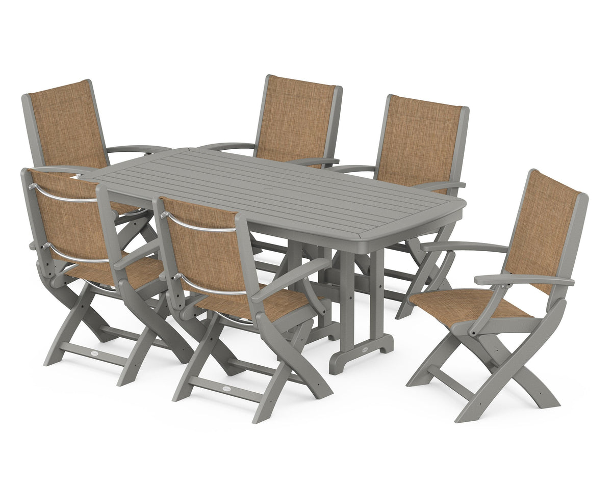 POLYWOOD Coastal Folding Arm Chair 7-Piece Dining Set in Slate Grey / Burlap