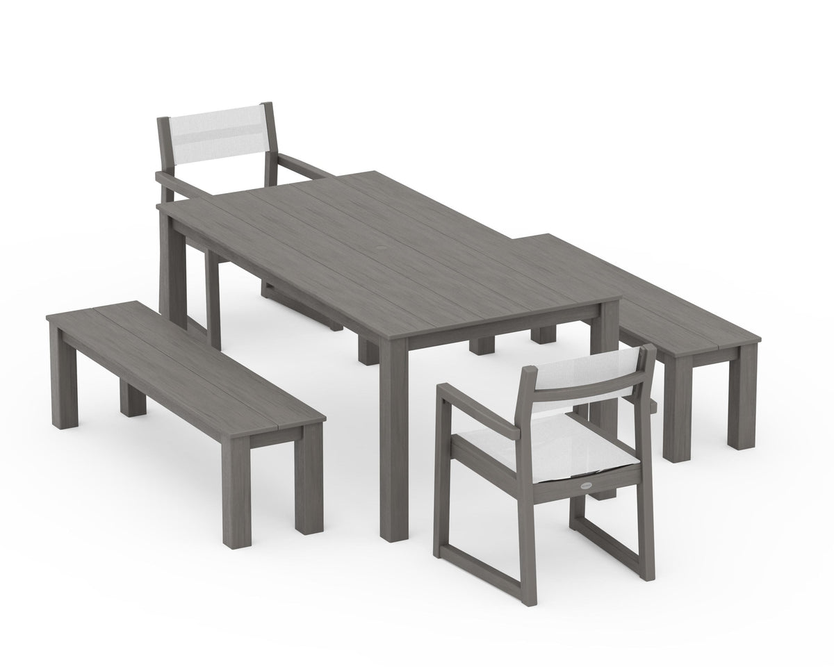 POLYWOOD EDGE Sling Arm Chair 5-Piece Parsons Dining Set with Benches in Driftwood / White