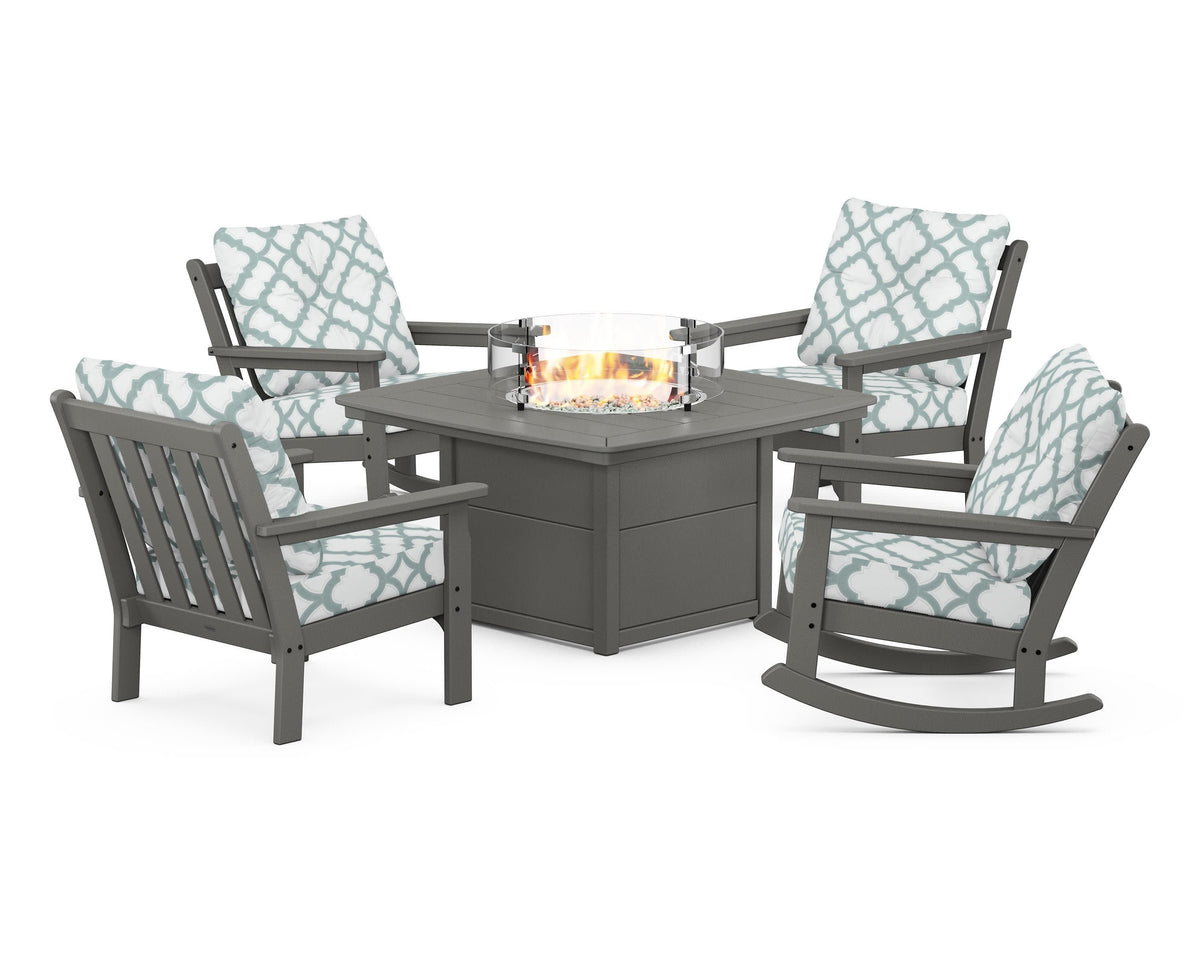 POLYWOOD Vineyard 5-Piece Deep Seating Rocking Chair Conversation Set with Fire Pit Table in Slate Grey / Trellis Glacier Spa