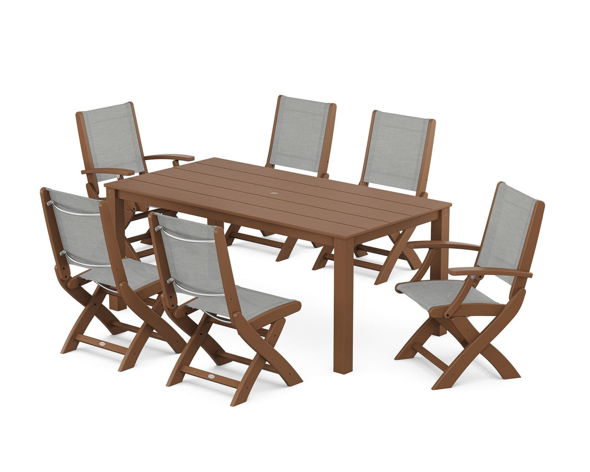 POLYWOOD Coastal Folding Chair 7-Piece Parsons Dining Set with Coastal Folding Side Chair in Teak / Metallic