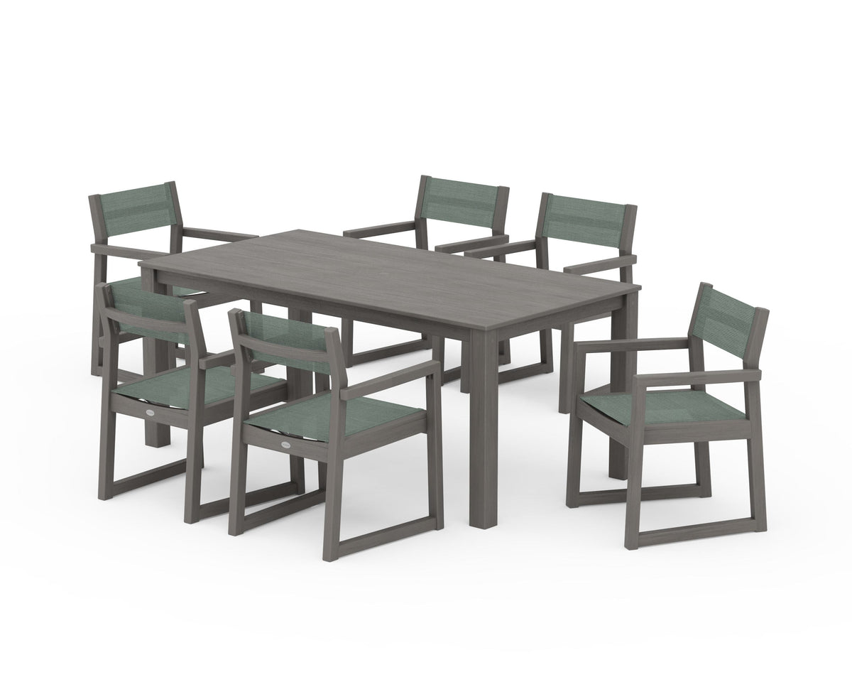 POLYWOOD EDGE Sling Arm Chair 7-Piece Parsons Dining Set in Driftwood / Dupioni Sea Mist