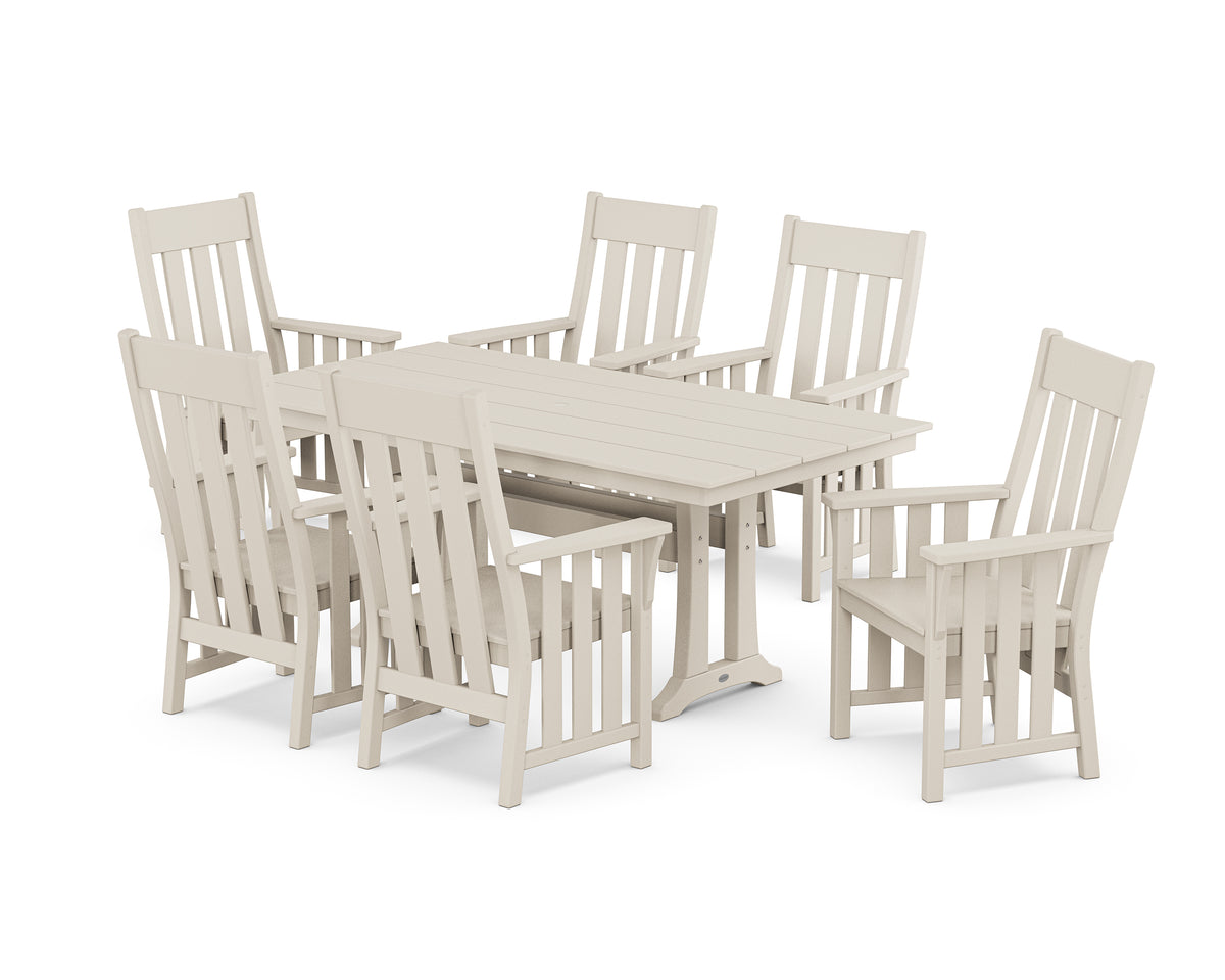 POLYWOOD Acadia Arm Chair 7-Piece Farmhouse Dining Set with Trestle Legs in Sand