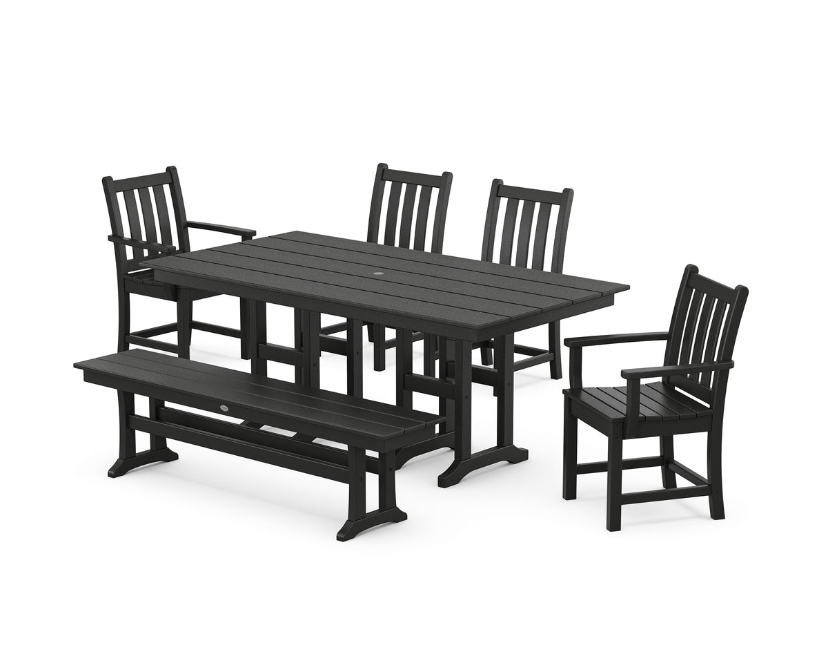 POLYWOOD Traditional Garden 6-Piece Farmhouse Dining Set with Bench in Black