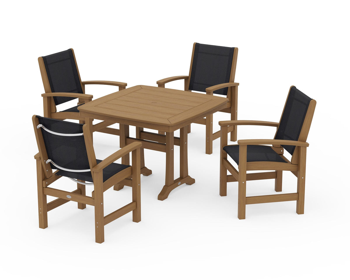 POLYWOOD Coastal 5-Piece Dining Set with Trestle Legs with Nautical Trestle 37" Dining Table in Natural / Black