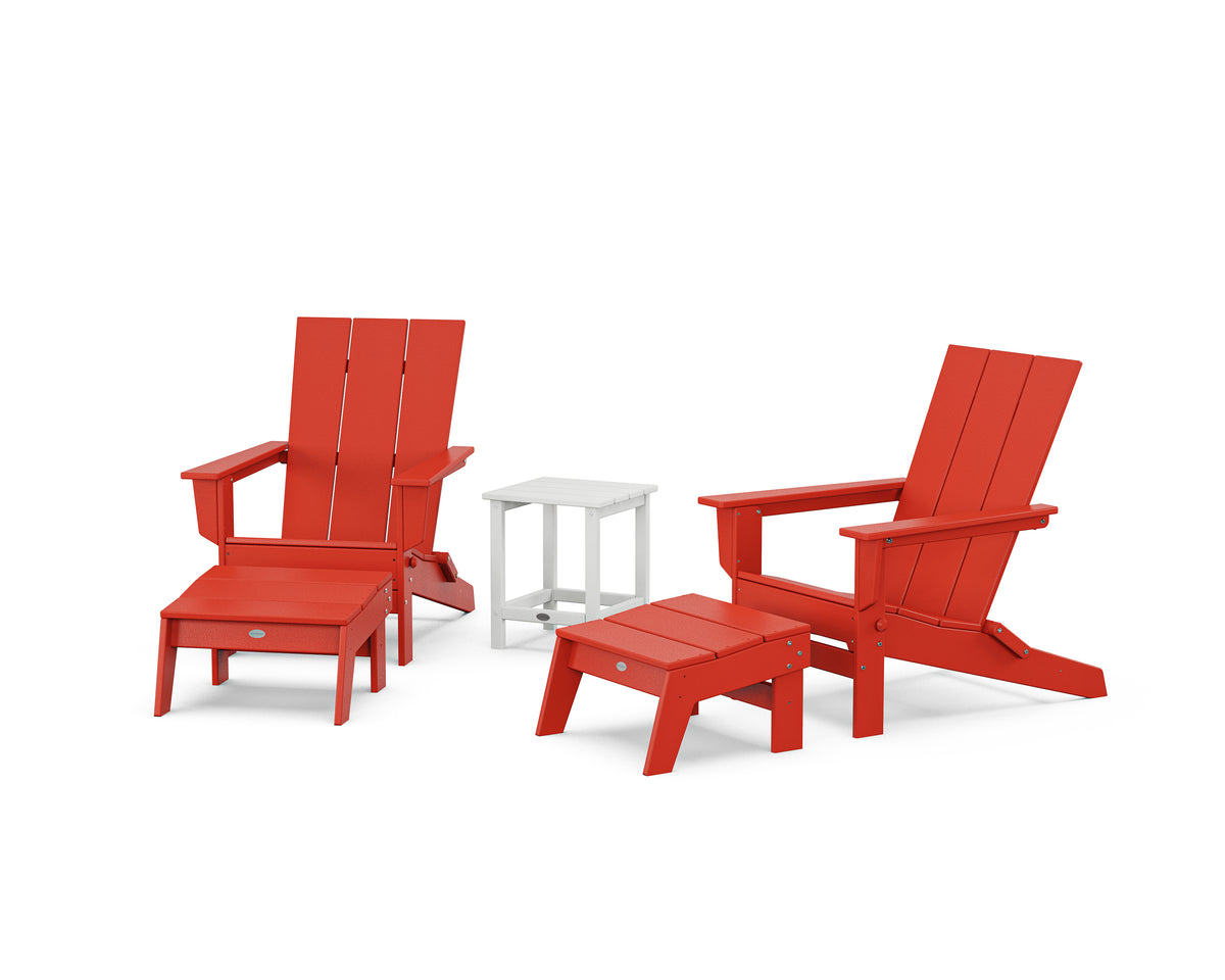 POLYWOOD 5-Piece Modern Studio Folding Adirondack Set with Ottomans and Side Table in Sunset Red / White