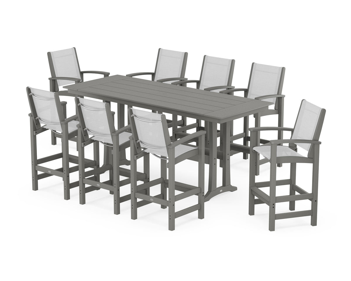 POLYWOOD Coastal 9-Piece Farmhouse Bar Set with Trestle Legs in Slate Grey / White