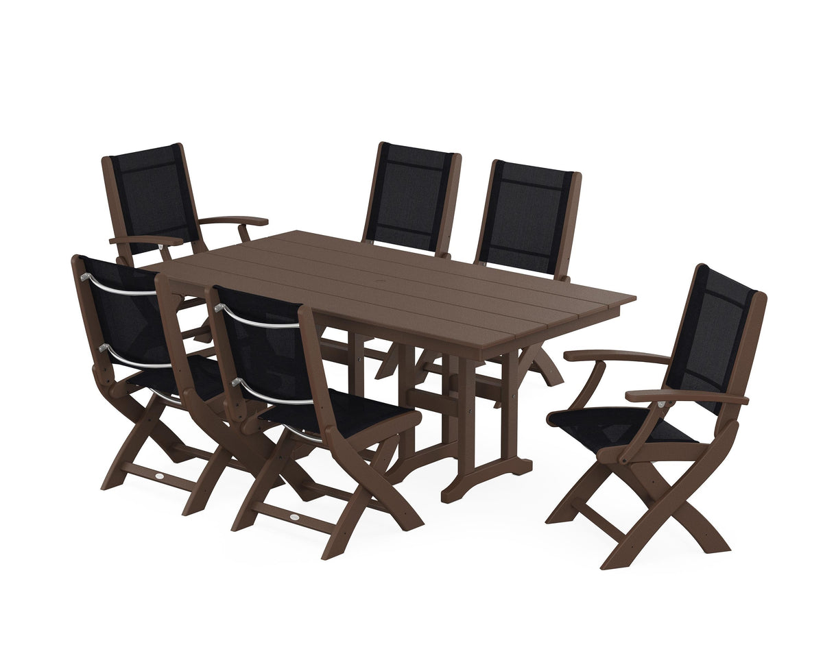 POLYWOOD Coastal Folding Chair 7-Piece Farmhouse Dining Set in Mahogany / Black