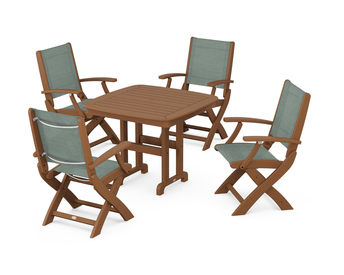 POLYWOOD Coastal Folding Chair 5-Piece Dining Set with Nautical 37" Dining Table in Teak / Dupioni Sea Mist