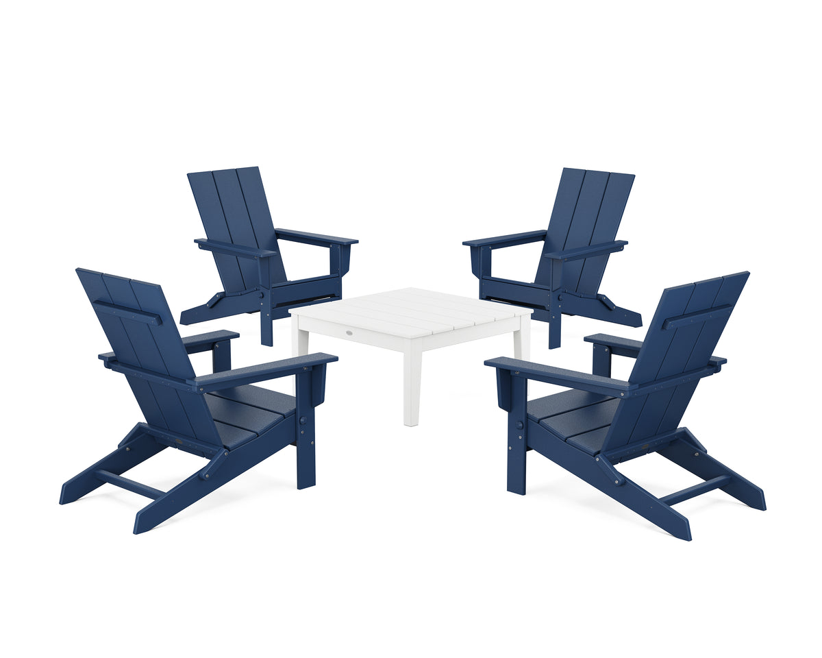 POLYWOOD 5-Piece Modern Studio Folding Adirondack Chair Conversation Group in Navy / White