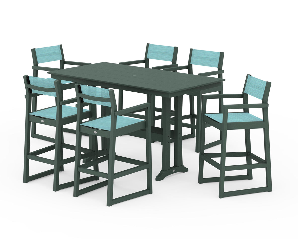 POLYWOOD EDGE Sling Arm Chair 7-Piece Farmhouse Bar Set with Trestle Legs in Green / Dupioni Aquamarine