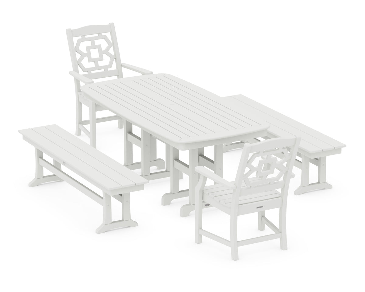 POLYWOOD Chinoiserie 5-Piece Dining Set with Benches in Vintage White