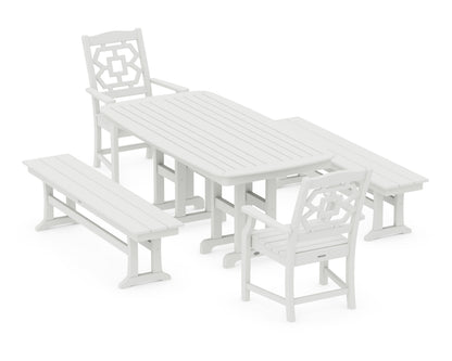 POLYWOOD Chinoiserie 5-Piece Dining Set with Benches in Vintage White