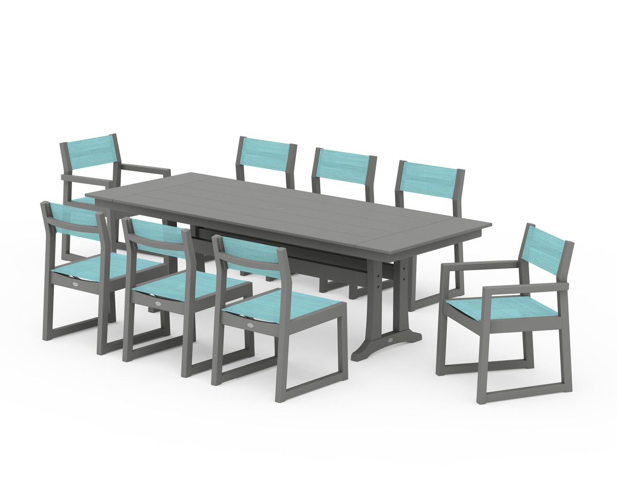 POLYWOOD EDGE Sling 9-Piece Farmhouse Trestle Dining Set in Slate Grey / Dupioni Aquamarine