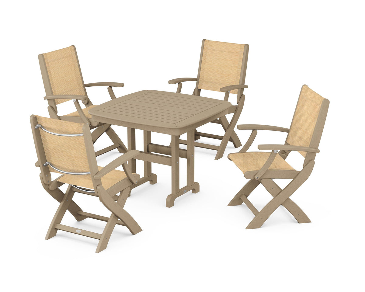 POLYWOOD Coastal Folding Chair 5-Piece Dining Set with Nautical 37" Dining Table in Vintage Sahara / Dupioni Apricot