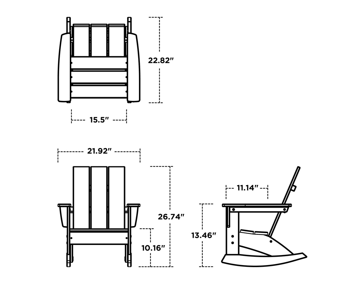 POLYWOOD Kids Modern Adirondack Rocking Chair dimension drawing with width, depth and height measurements