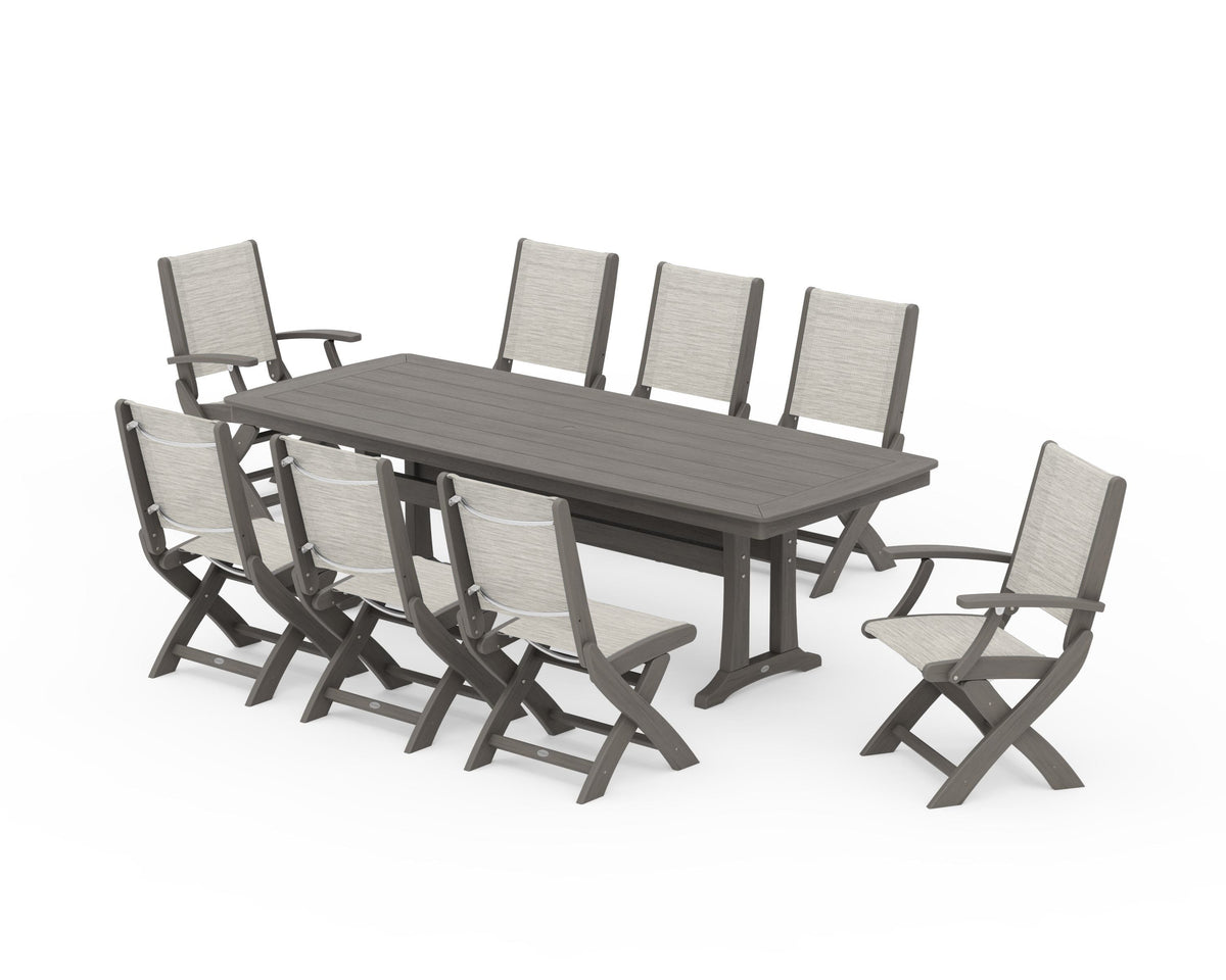 POLYWOOD Coastal Folding 9-Piece Dining Set with Trestle Legs in Driftwood / Birch
