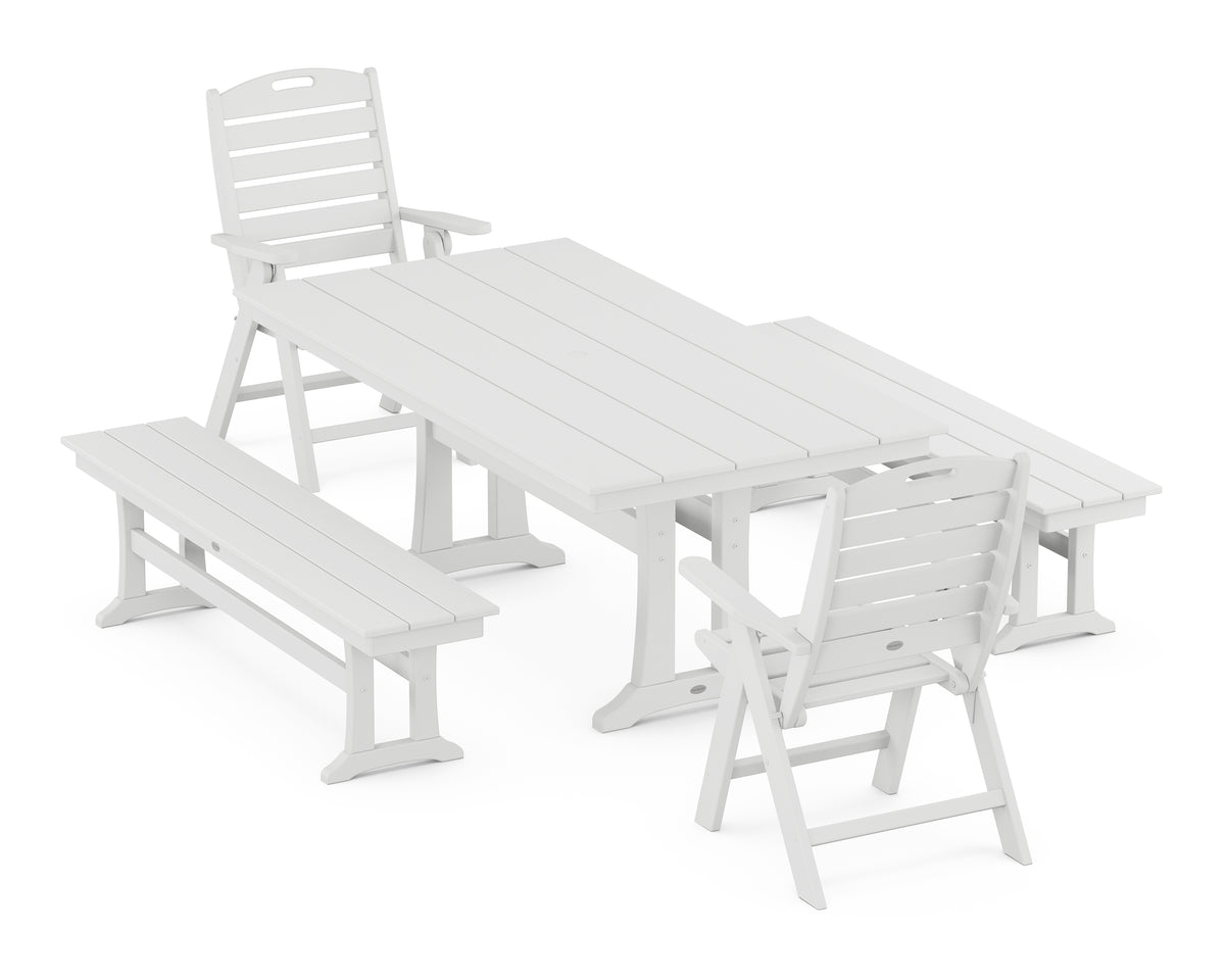 POLYWOOD Nautical Folding Highback Chair 5-Piece Farmhouse Dining Set with Trestle Legs and Benches in White
