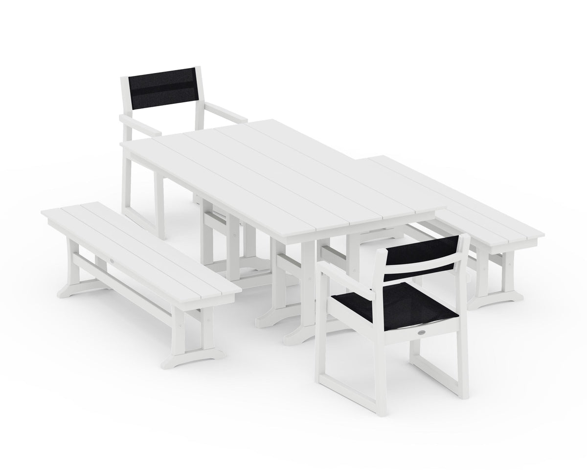 POLYWOOD EDGE Sling Arm Chair 5-Piece Farmhouse Dining Set with Benches in White / Black