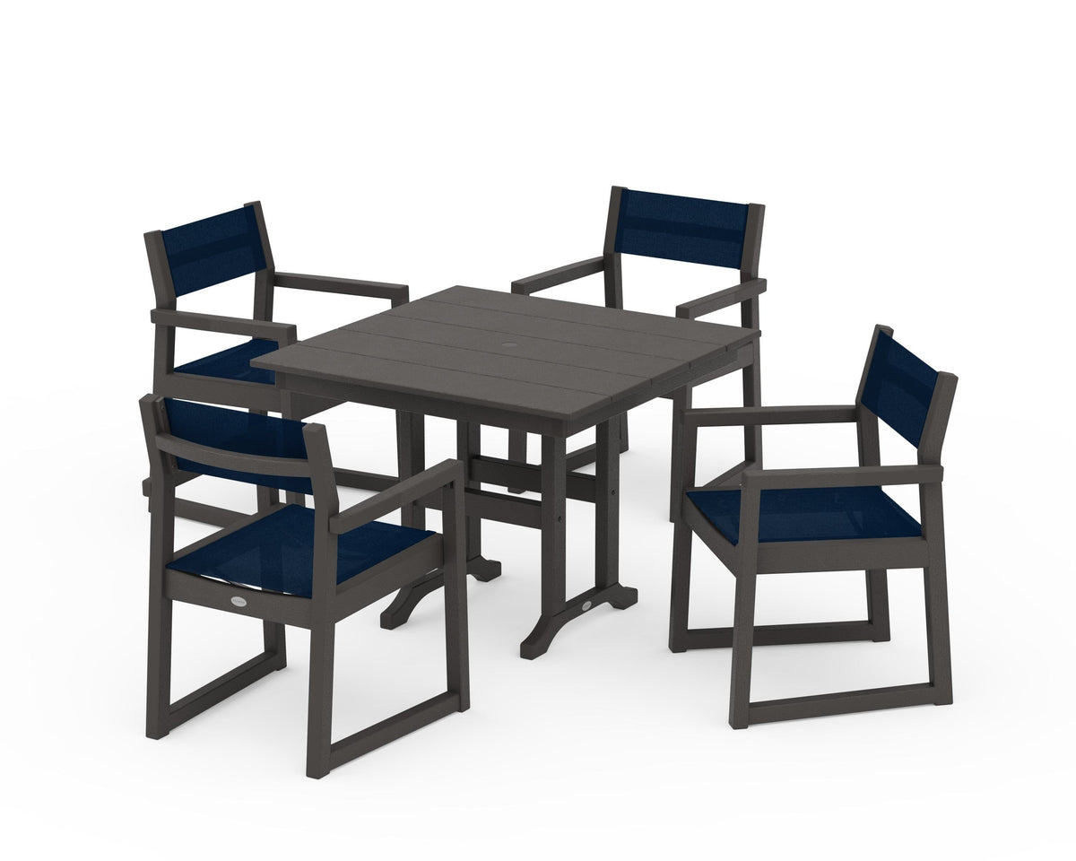 POLYWOOD EDGE Sling Arm Chair 5-Piece Farmhouse Dining Set in Vintage Coffee / Navy Blue