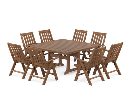 POLYWOOD Vineyard Folding Chair 9-Piece Square Dining Set with Trestle Legs in Teak