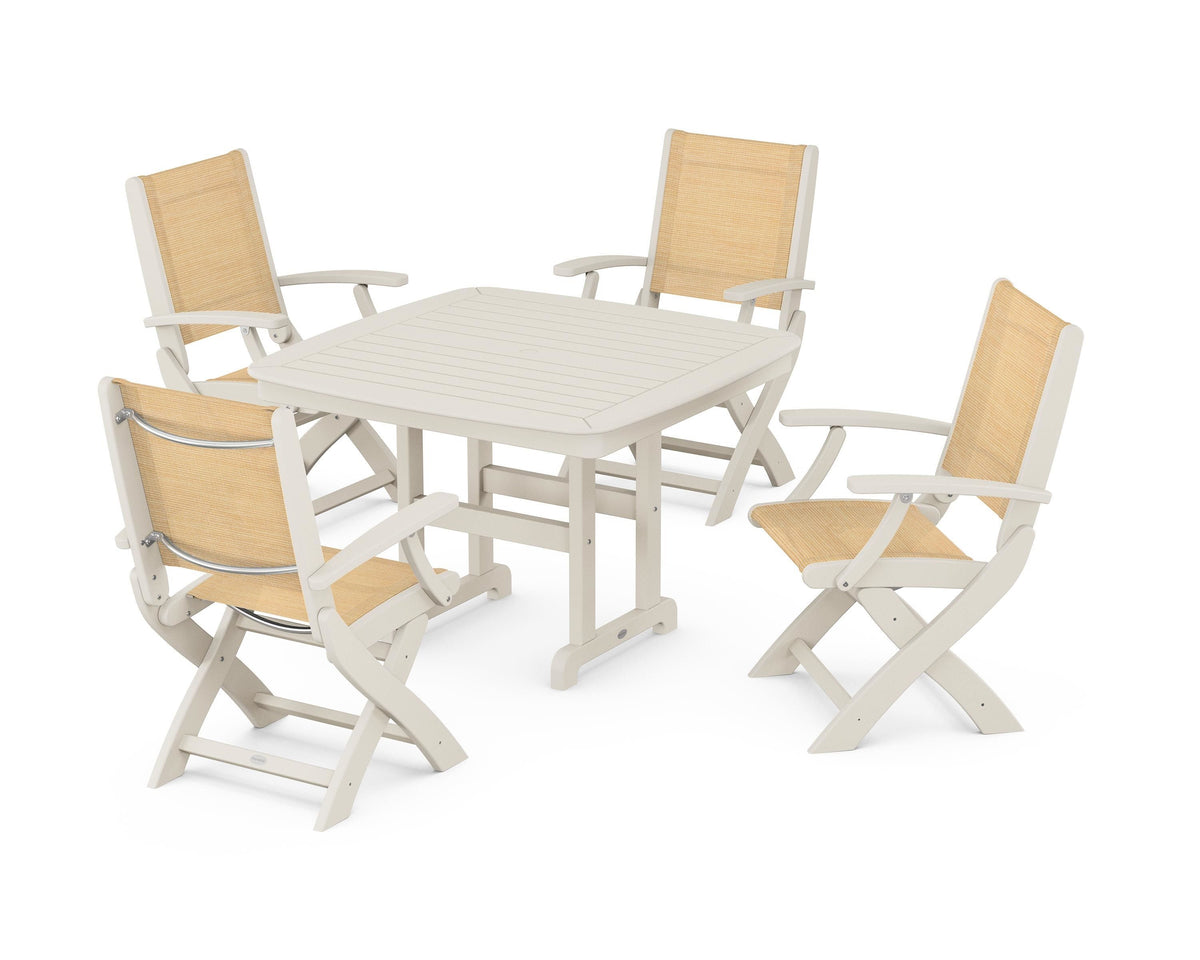 POLYWOOD Coastal Folding Chair 5-Piece Dining Set with Nautical 44" Dining Table in Sand / Dupioni Apricot