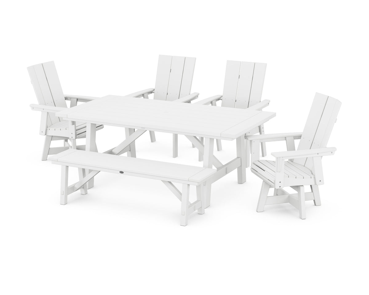 POLYWOOD Modern Curveback Adirondack Swivel Chair 6-Piece Rustic Farmhouse Dining Set with Bench in White