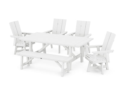 POLYWOOD Modern Curveback Adirondack Swivel Chair 6-Piece Rustic Farmhouse Dining Set with Bench in White