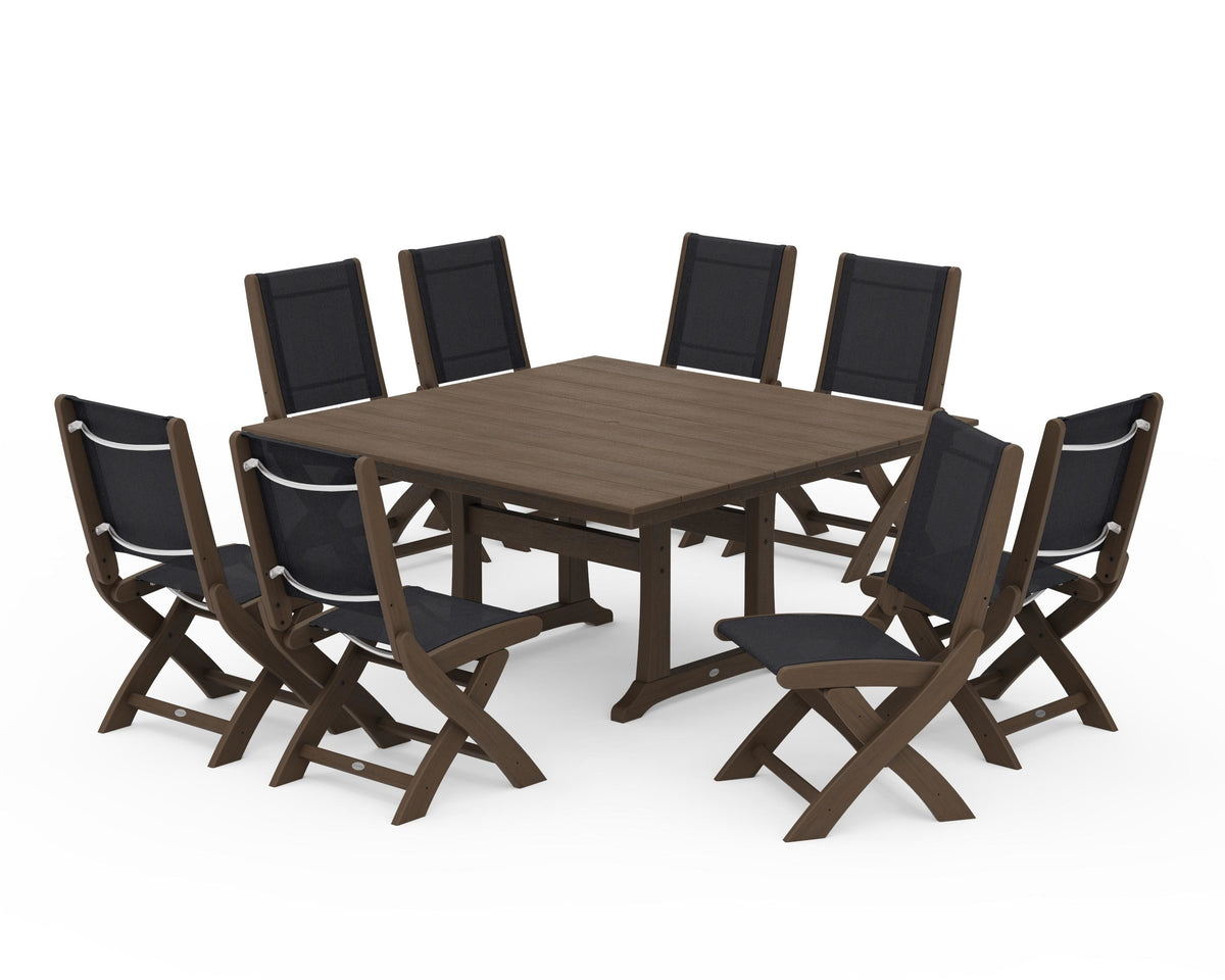 POLYWOOD Coastal Folding Side Chair 9-Piece Dining Set with Trestle Legs in Kona / Black