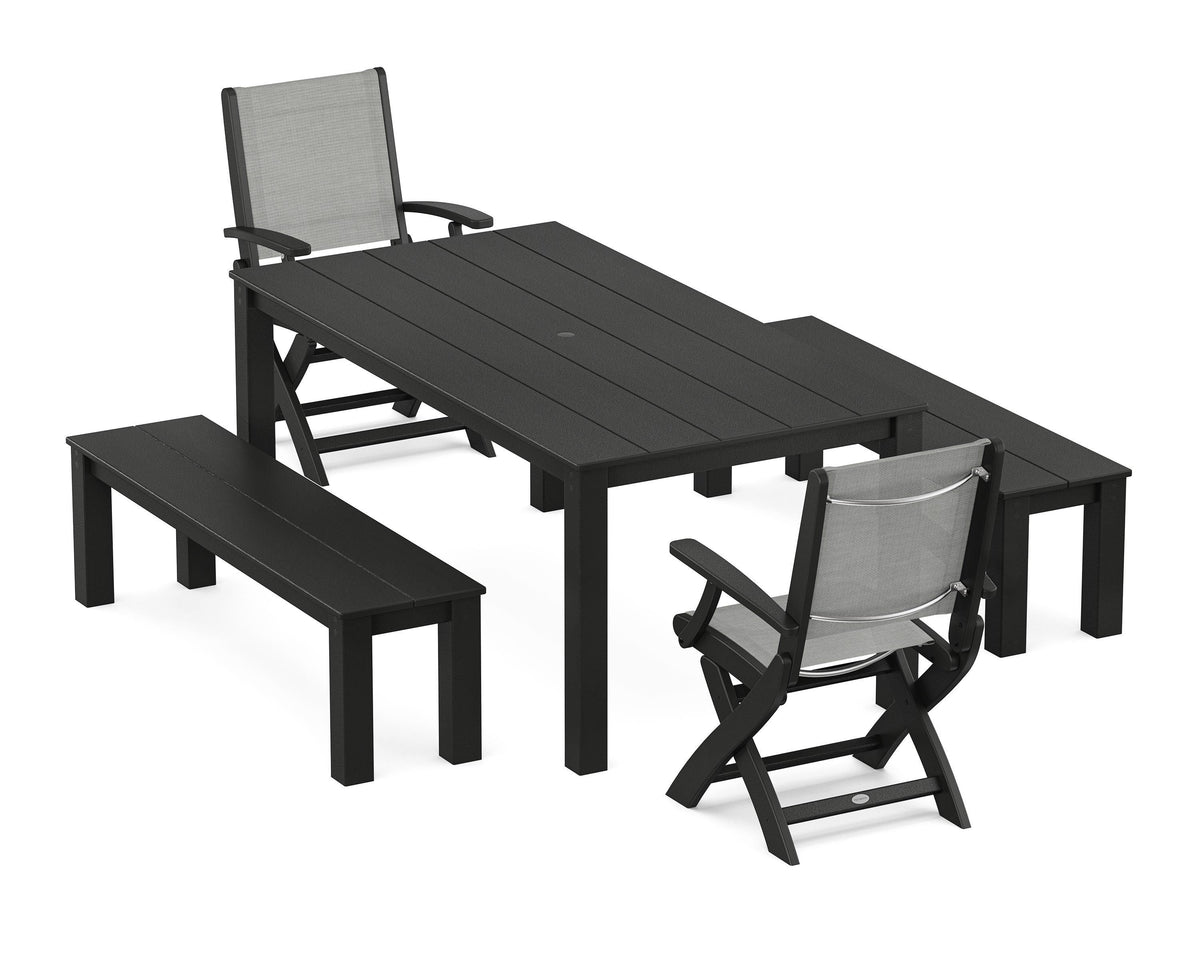 POLYWOOD Coastal Folding Chair 5-Piece Parsons Dining Set with Benches in Black / Metallic