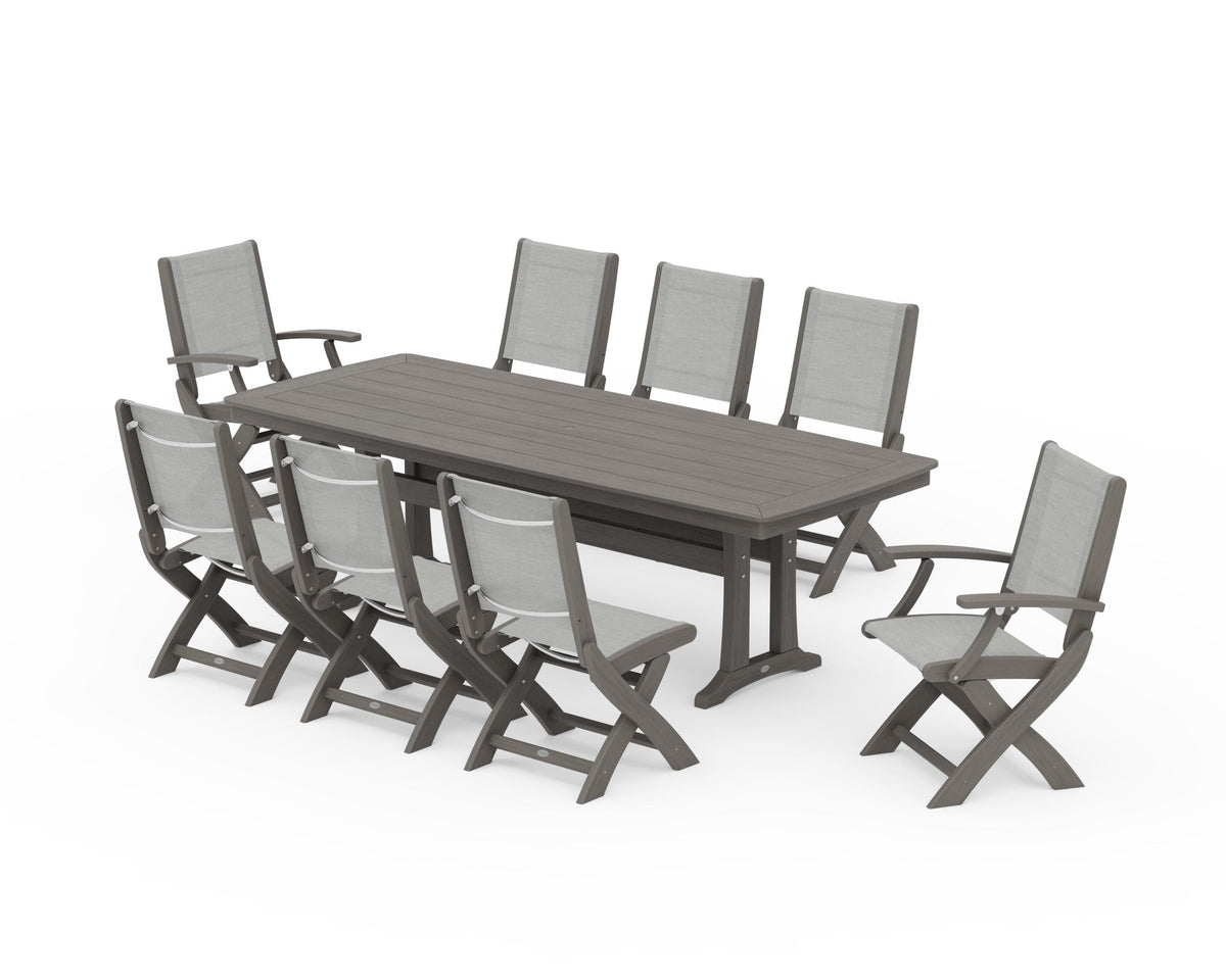 POLYWOOD Coastal Folding 9-Piece Dining Set with Trestle Legs in Driftwood / Metallic