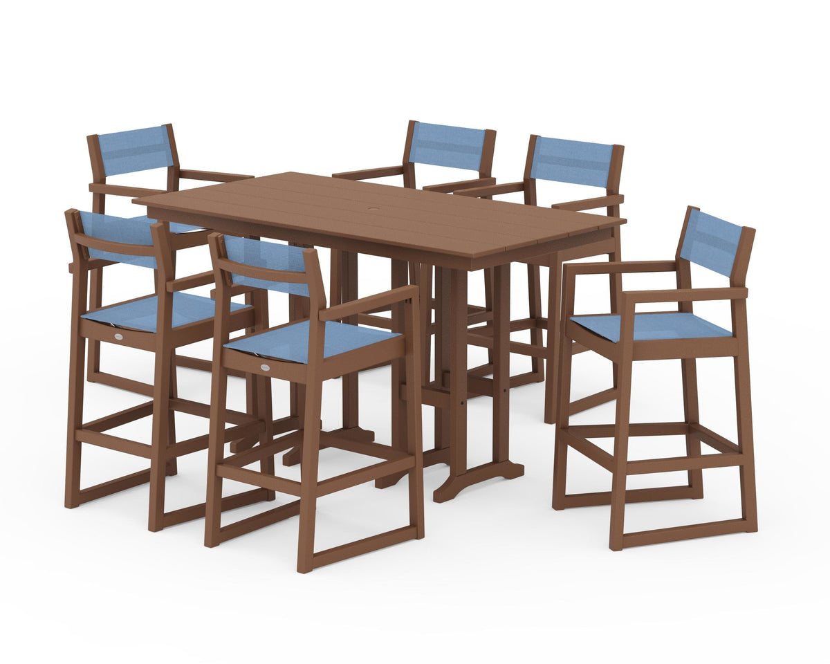 POLYWOOD EDGE Sling Arm Chair 7-Piece Farmhouse Bar Set in Teak / Poolside