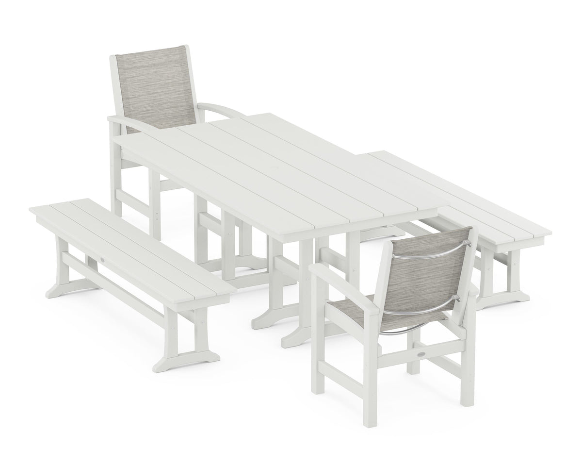POLYWOOD Coastal 5-Piece Farmhouse Dining Set with Farmhouse 37" x 72" Dining Table in Vintage White / Birch