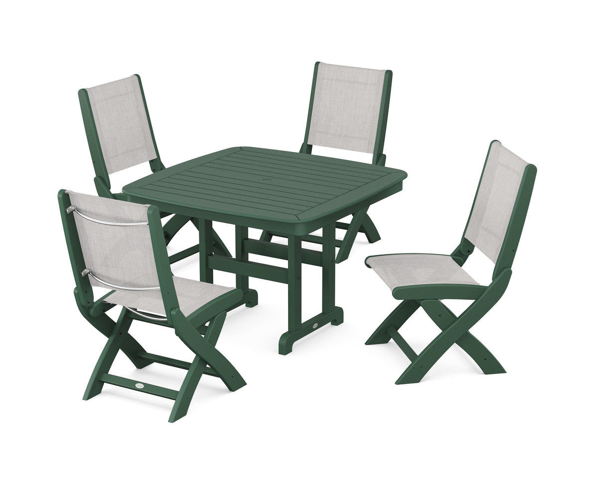 POLYWOOD Coastal Folding Side Chair 5-Piece Dining Set with Nautical 44" Dining Table in Green / Parchment