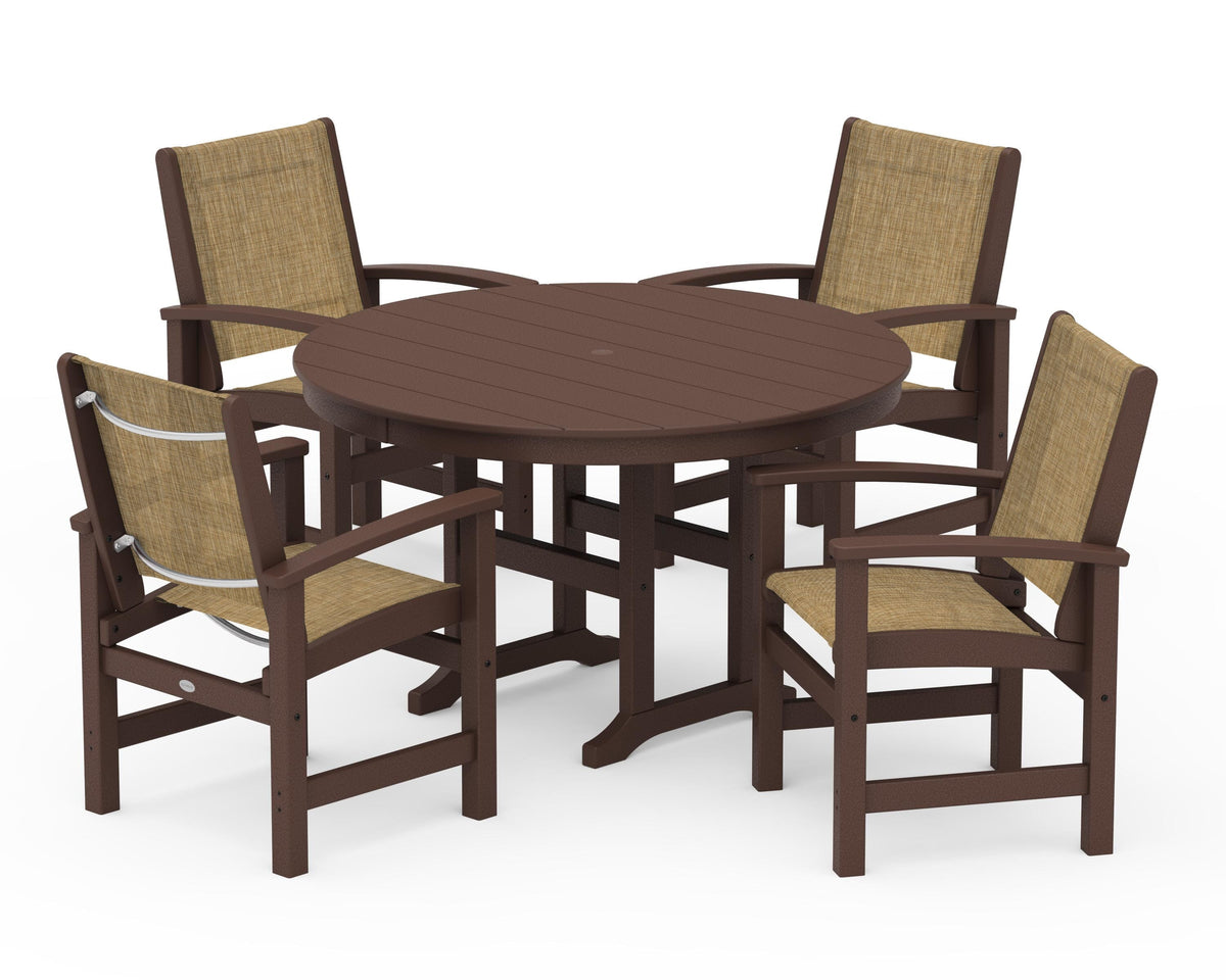 POLYWOOD Coastal 5-Piece Round Farmhouse Dining Set in Mahogany / Burlap