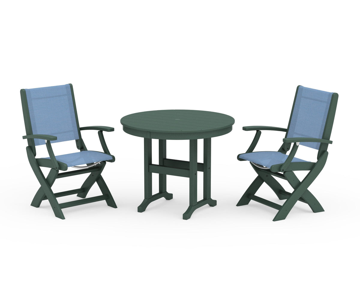POLYWOOD Coastal Folding Chair 3-Piece Round Dining Set in Green / Poolside