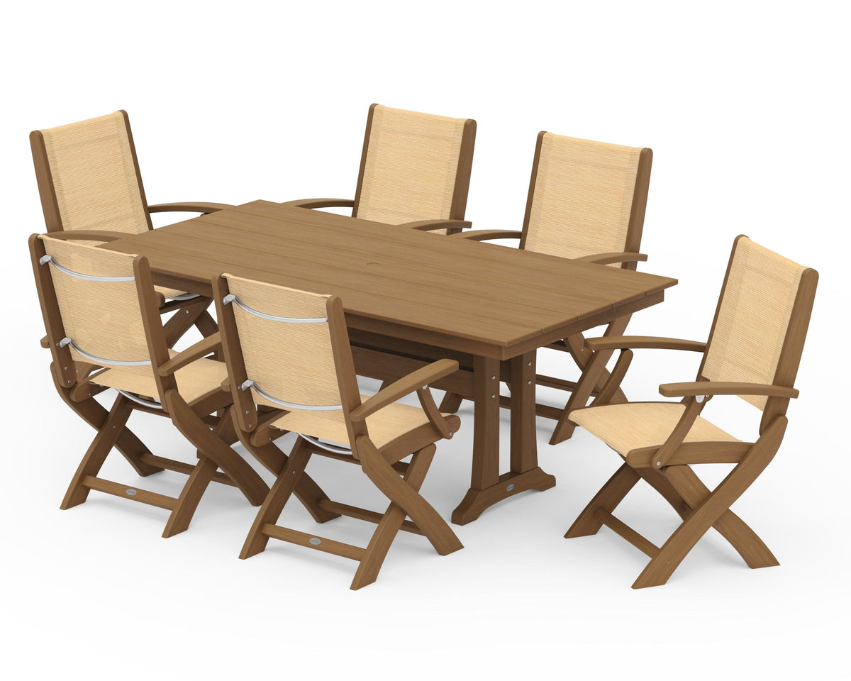 POLYWOOD Coastal Folding Arm Chair 7-Piece Farmhouse Dining Set with Trestle Legs in Natural / Dupioni Apricot