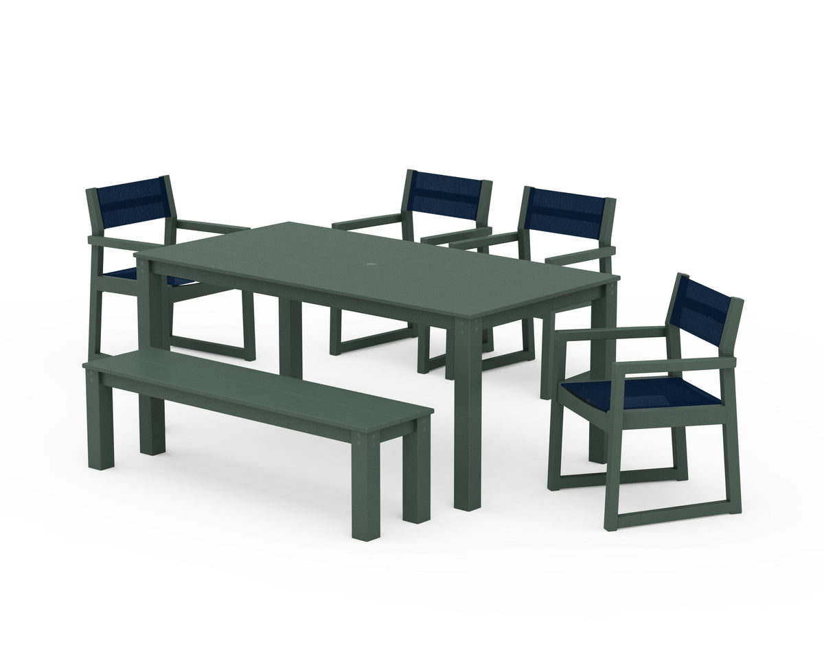 POLYWOOD EDGE Sling Arm Chair 6-Piece Parsons Dining Set with Bench in Green / Navy Blue