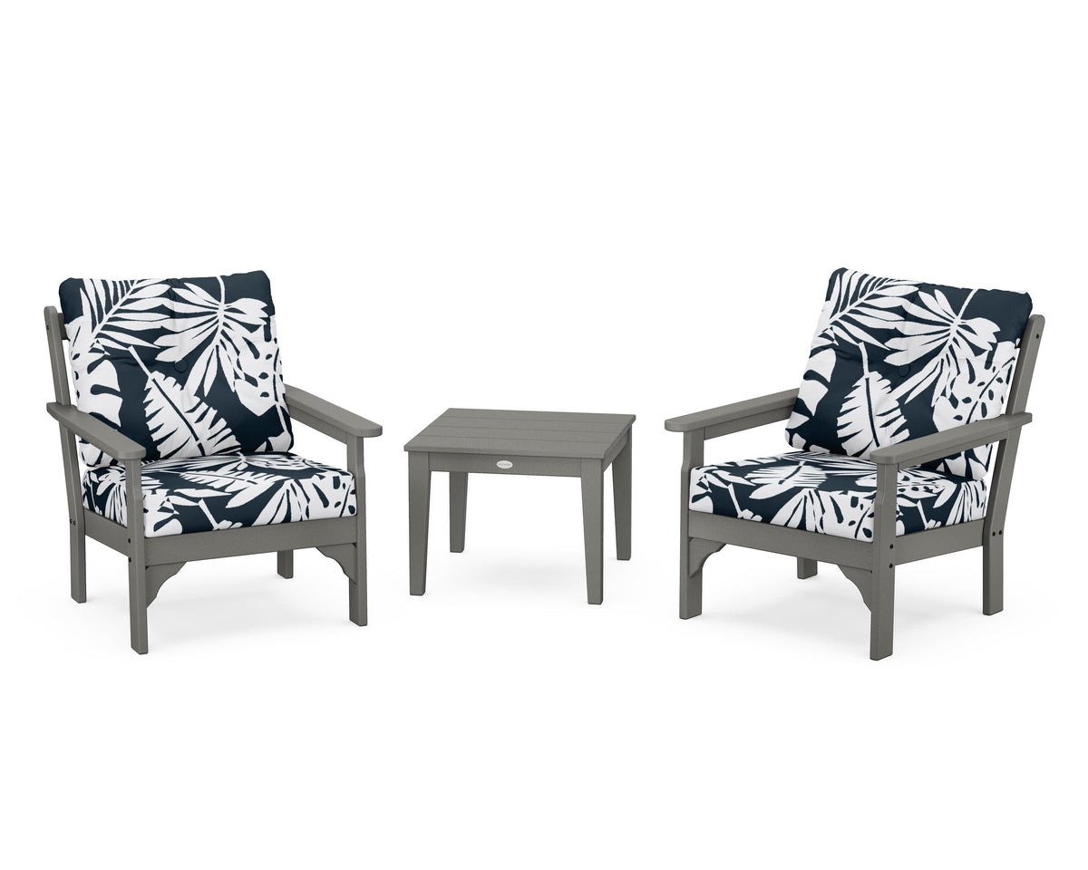 POLYWOOD Vineyard 3-Piece Deep Seating Set in Slate Grey / Leaf Marine Indigo