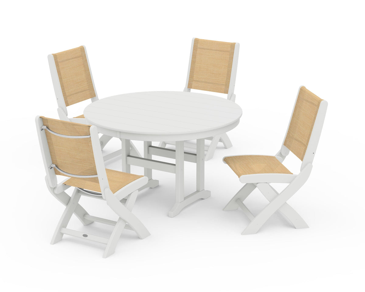 POLYWOOD Coastal Folding Side Chair 5-Piece Round Dining Set in Vintage White / Dupioni Apricot