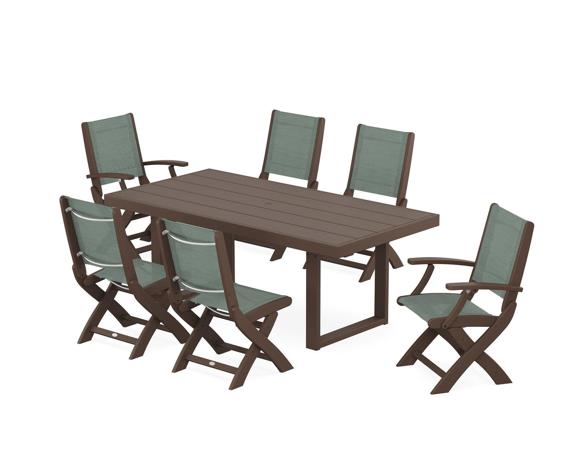 POLYWOOD Coastal Folding Chair 7-Piece Dining Set with Trestle Legs with EDGE 40" x 78" Dining Table in Mahogany / Dupioni Sea Mist