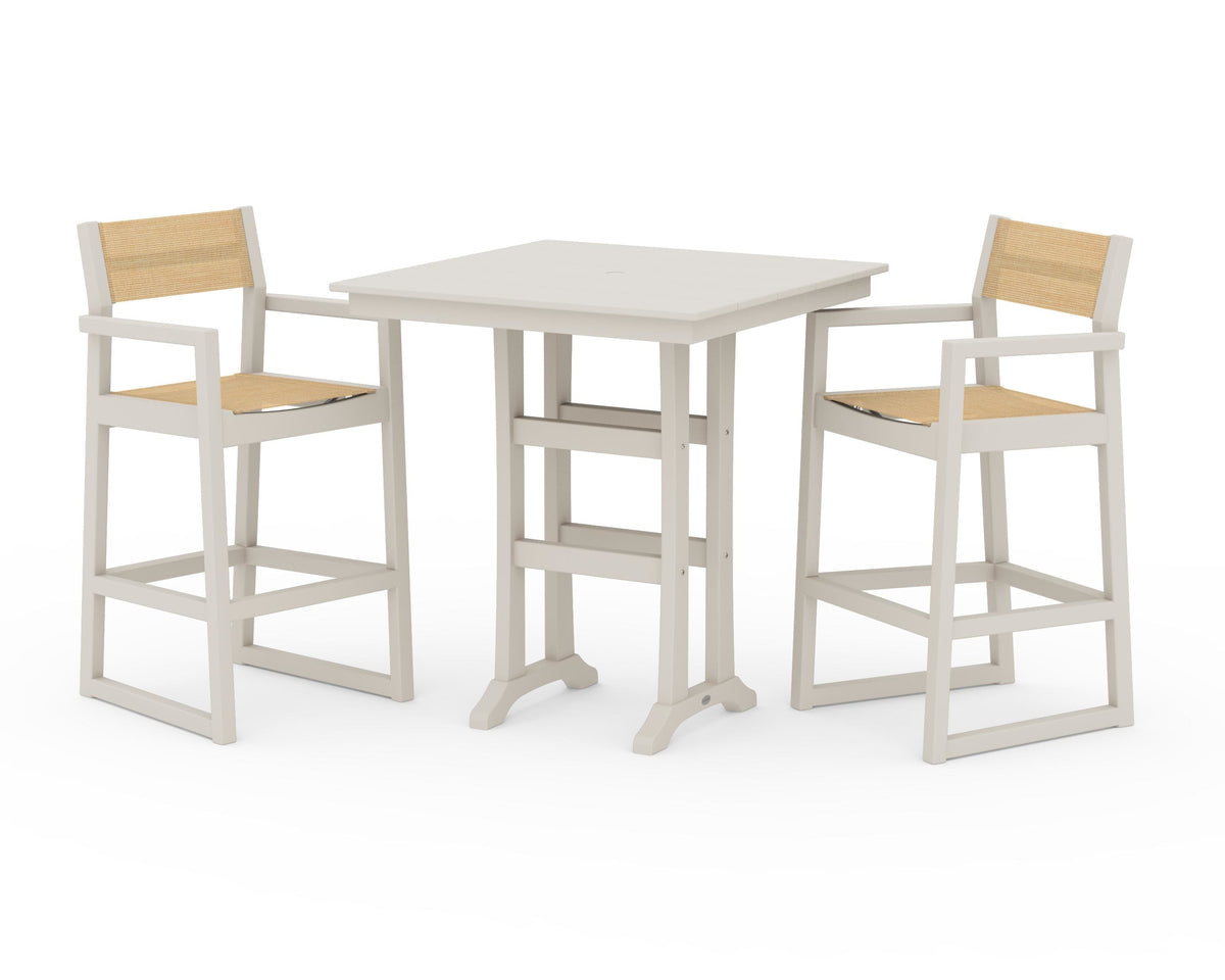 POLYWOOD EDGE Sling Arm Chair 3-Piece Farmhouse Bar Set with Trestle Legs in Sand / Dupioni Apricot