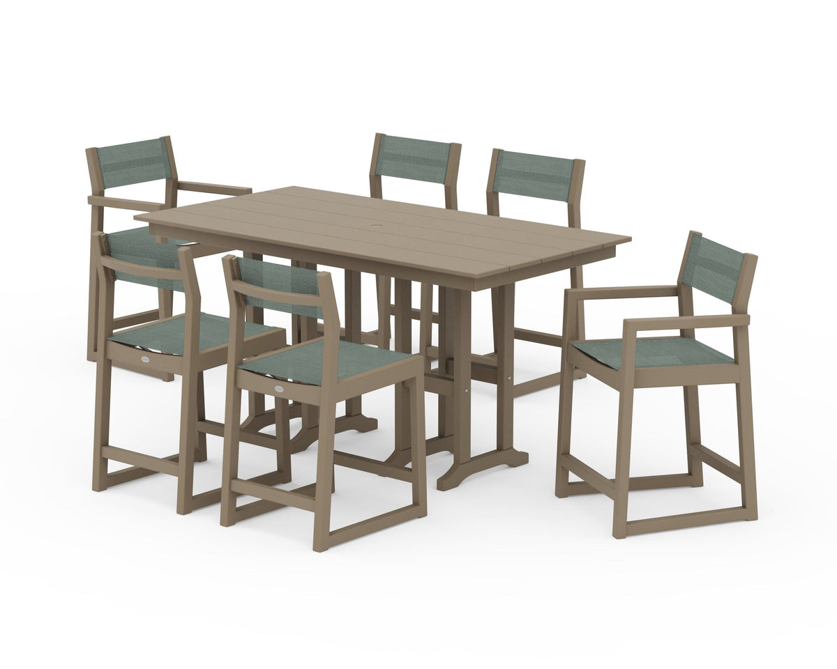 POLYWOOD EDGE Sling 7-Piece Farmhouse Counter Set with Trestle Legs in Vintage Sahara / Dupioni Sea Mist